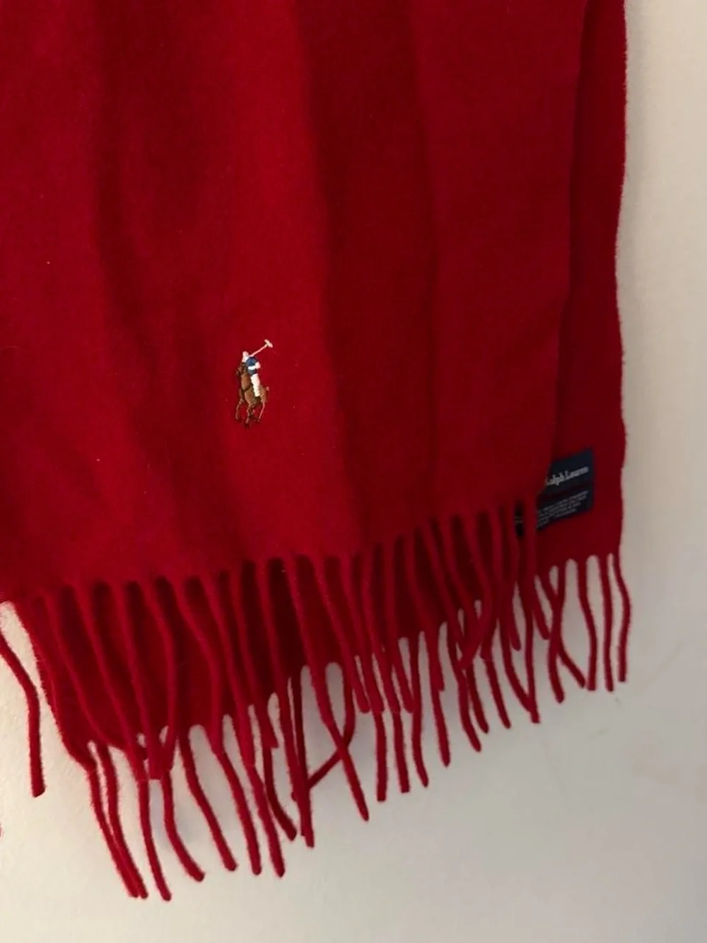 Vintage 90s Polo Ralph Lauren 100% Lambswool Red Fringed Scarf